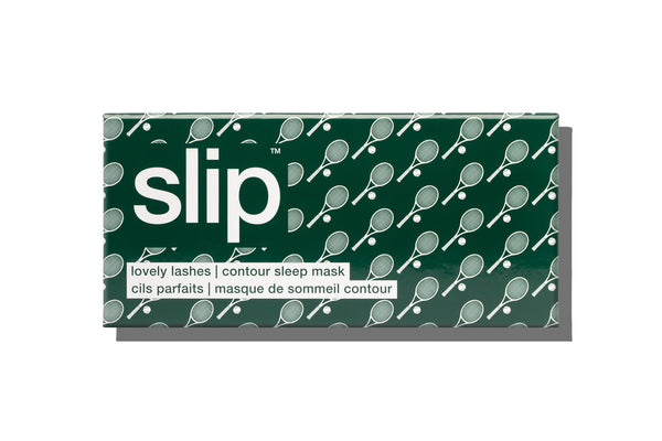 Green sleep mask packaging with 'slip' logo and white text and patterns on a white background