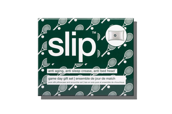 Packaging of slip gift set. Green box with text on a white background