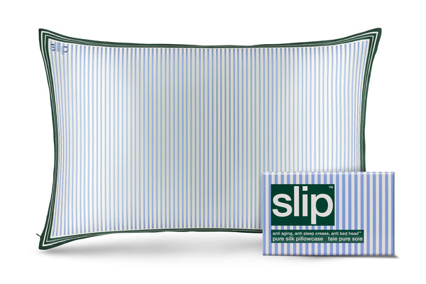 Blue, white and green striped silk pillowcase with slip branded packaging on a white background