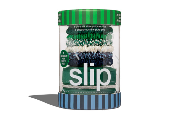 Container of slip silk hair ties with green and blue design on a white background