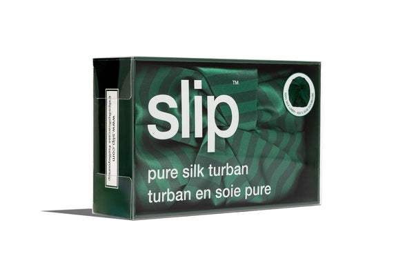 Box of slip pure silk turban with green silk striped turban inside