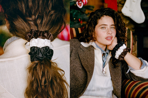 A split-screen lifestyle image showing two views of a woman wearing a set of three pure silk scrunchies. The left panel shows the back of her head with her brown hair in a low ponytail secured with a black, white, and brown scrunchie set.