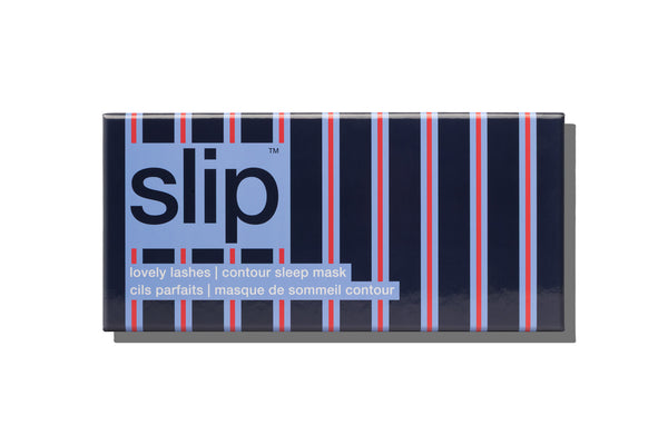 Slip lash contour sleep mask packaging with blue and red stripes on a white background