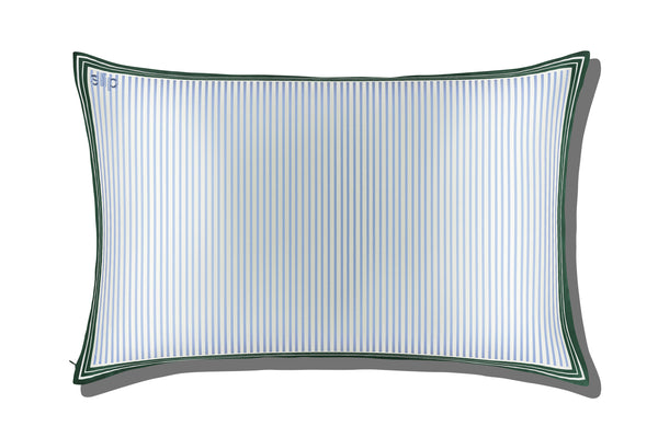Blue, white and green striped silk pillowcase on a white background