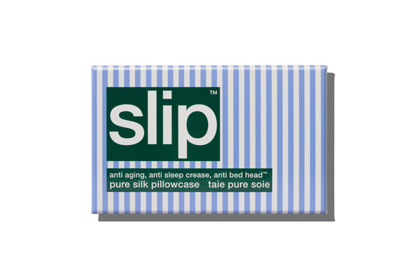 Packaging of slip pure silk pillowcase with blue and white striped design on a white background