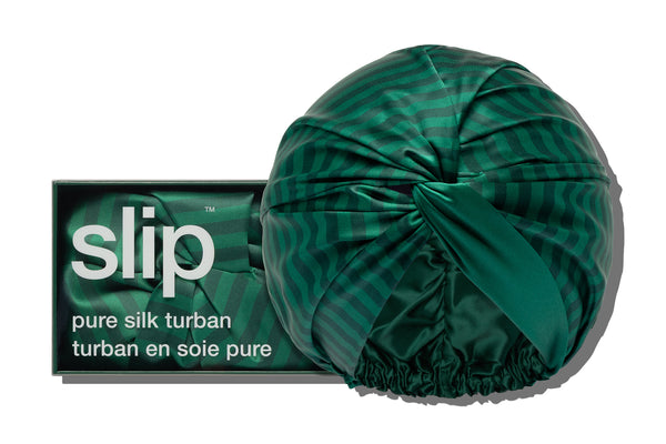 Green striped silk turban with packaging labeled 'slip' on a white background